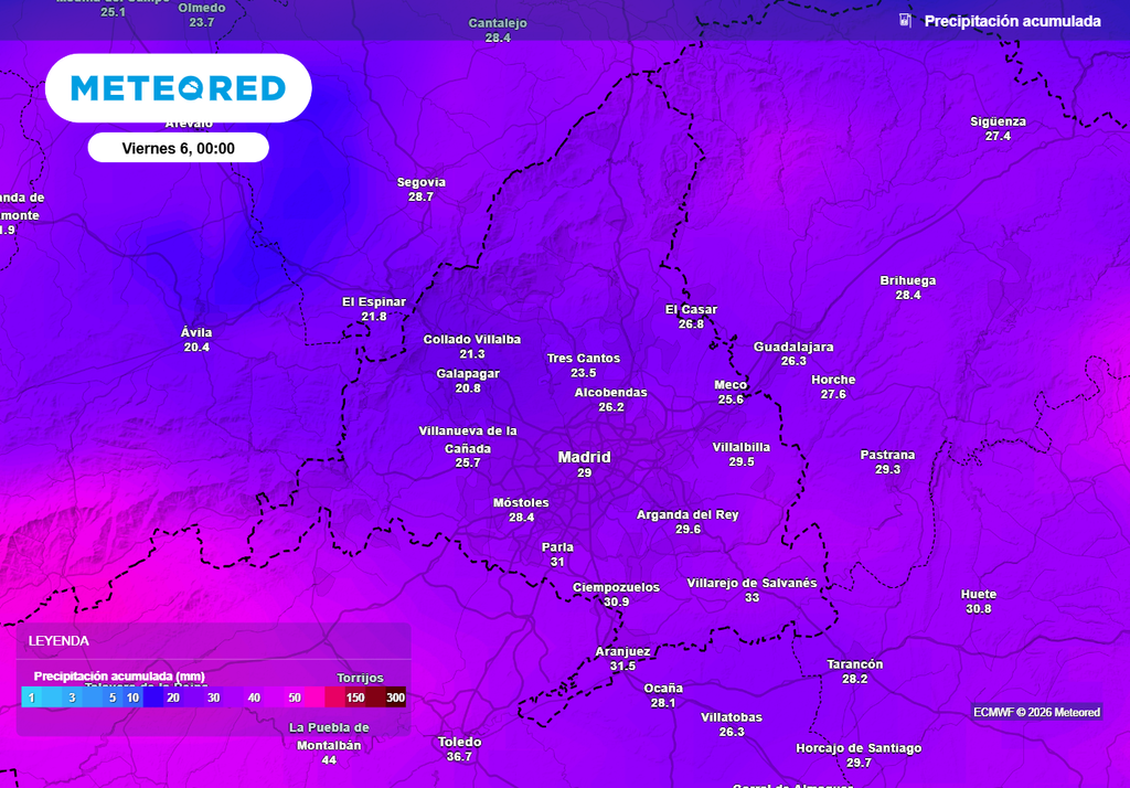 Se esperan acumulados de 25-25 l/m2 hasta mañana por la noche en la comunidad madrileña.