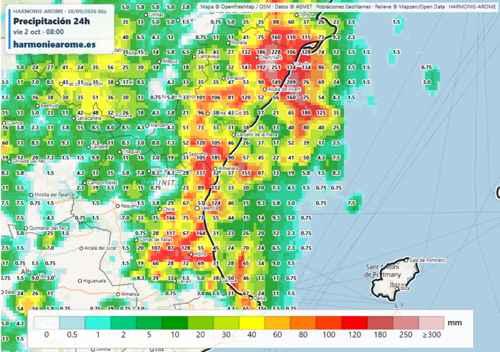 El modelo de alta resolución Harmonie-Arome apunta a acumulados que superarán los 250 l/m2 en el norte de la provincia de Castellón. Fuente: harmoniearome.es