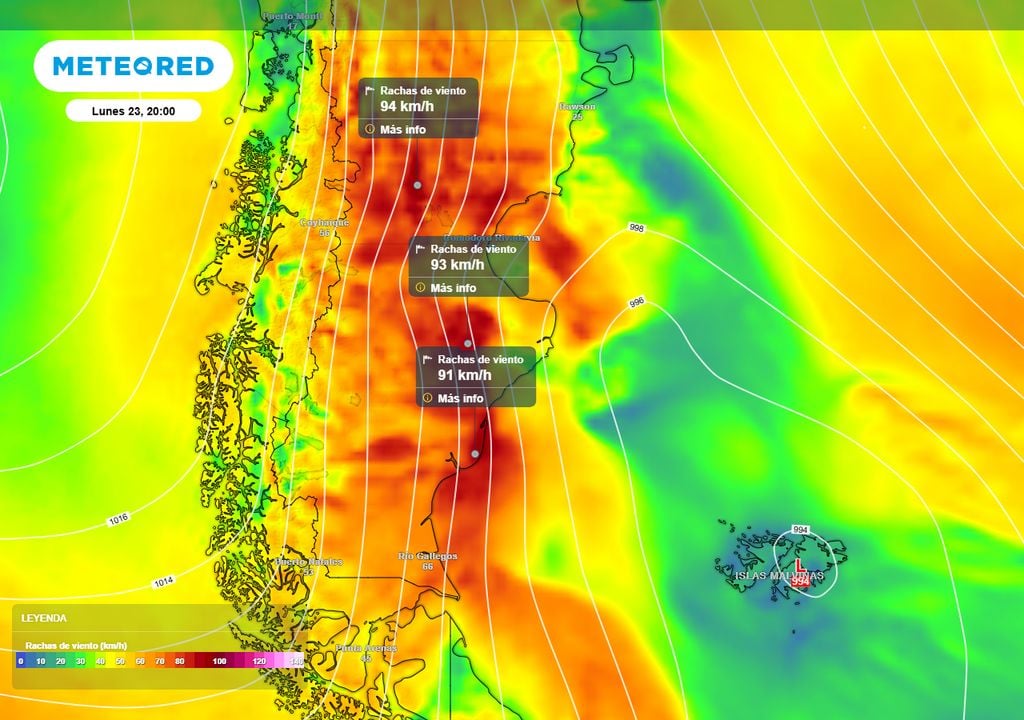 Alertas rafagas meteored Mapa de ráfagas de viento para las 20 del lunes 23 en la Patagonia. Las rachas máximas pueden superar los 90 km/h