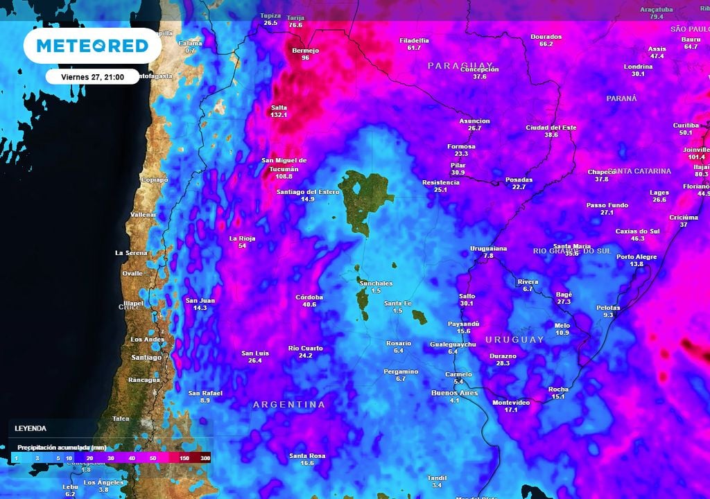 Precipitacion acumulada Mapa de precipitación acumulada hasta la noche del viernes 27 de febrero: el norte del país con las mayores precipitaciones, y las provincias del NOA las más complicadas (más de 100 mm)
