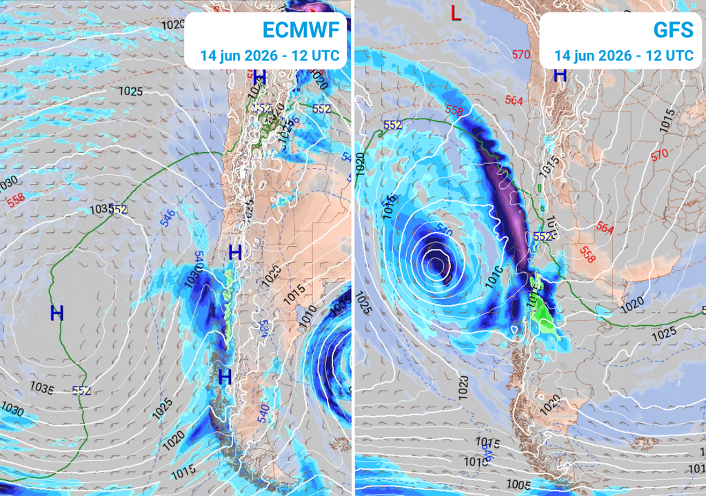 Mientras el anticiclón estaría presente en el centro de Chile según el ECWMF, el modelo GFS anuncia lluvias para el domingo en la zona central