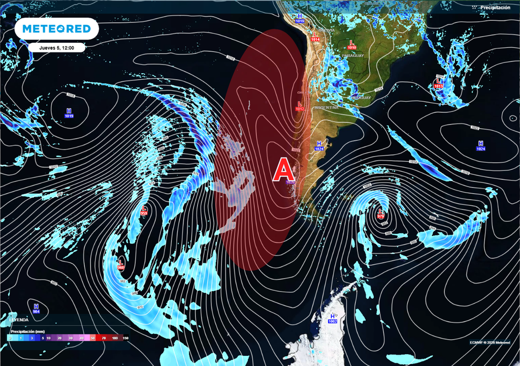 domo cálido y mapa de presión La recirculación de aire cálido, potenciado por la baja térmica costera, provocará un aumento de las temperaturas en el centro y sur de Chile.