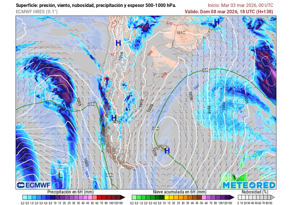 precipitaciones previstas El domingo llega un primer sistema frontal a Chile que abrirá el paso a varios otros, durante el comienzo de la próxima semana.