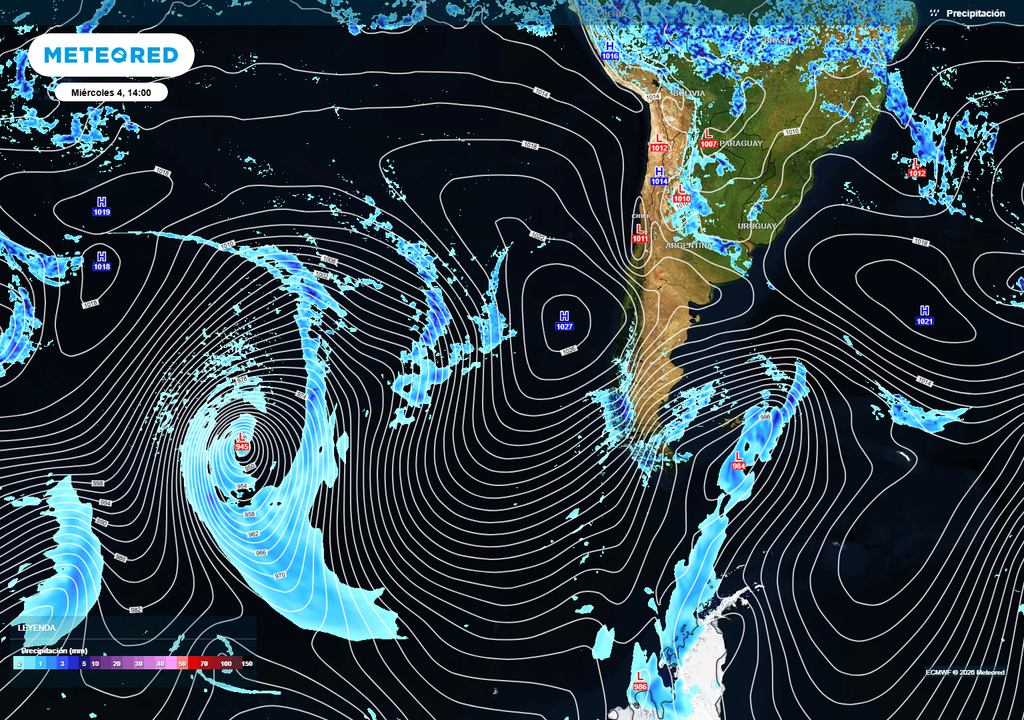 presión prevista Un extenso anticiclón se ubicará frente a Chile, bloqueando fretes y fortaleciendo un domo de calor sobre el país durante esta semana.