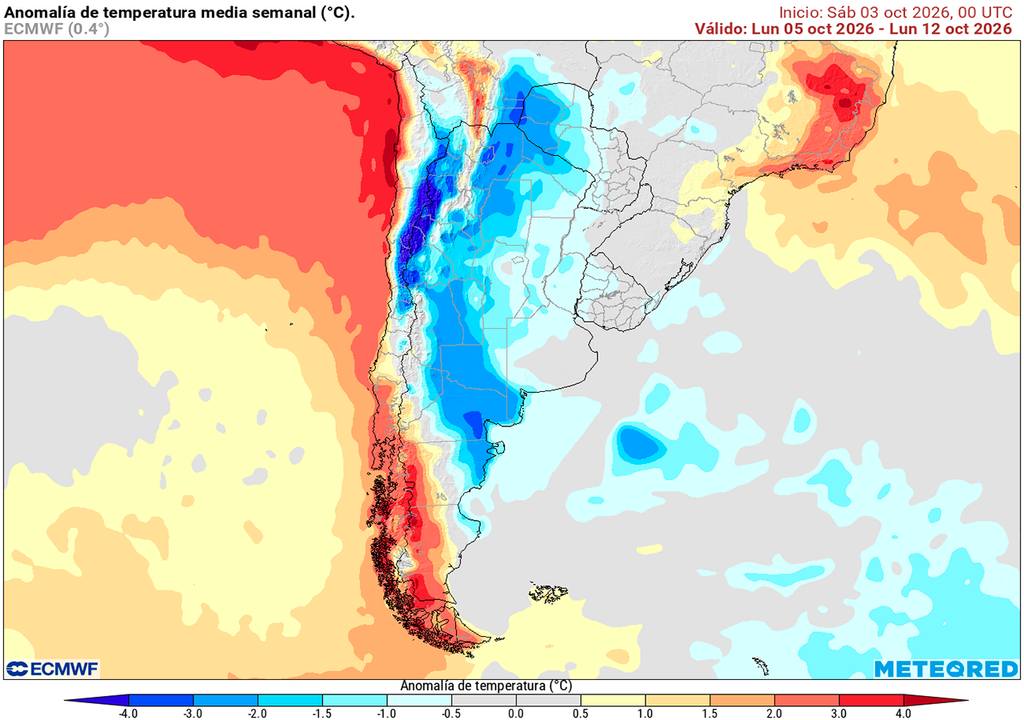 Argentina, Pronóstico, Tiempo, Clima Anomalía de temperatura prevista para los próximos 7 días según el modelo ECMWF