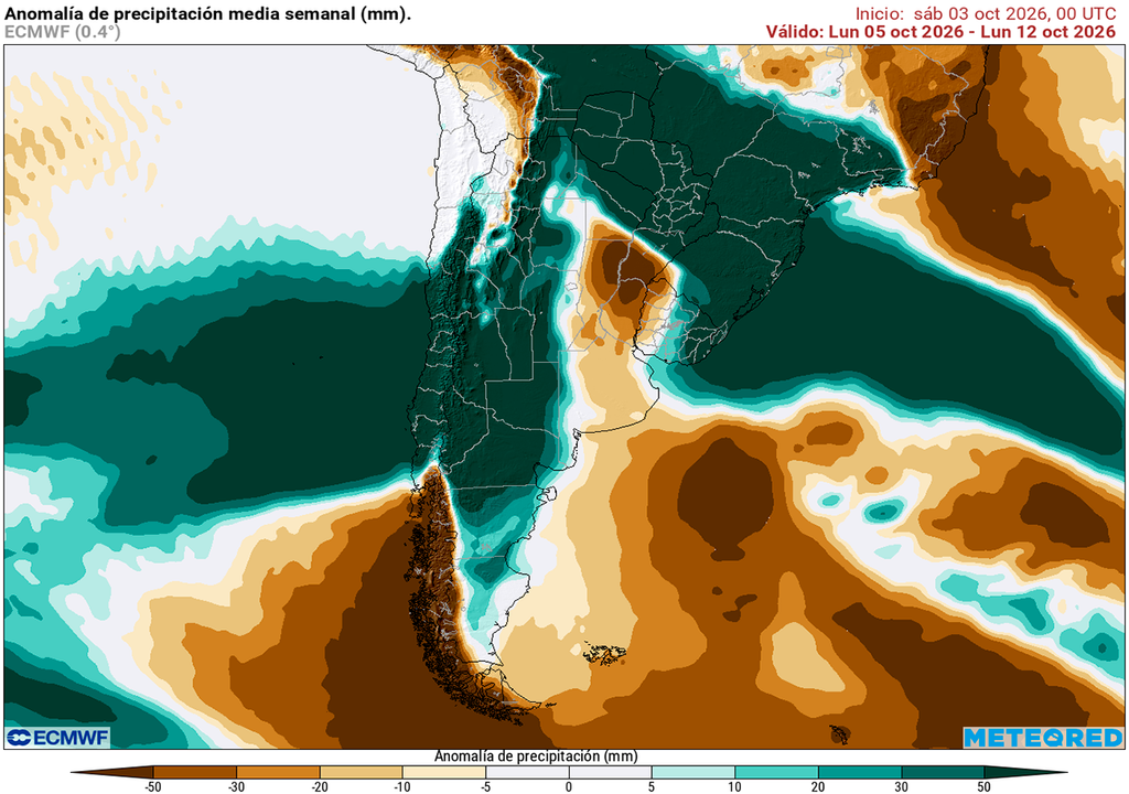 Argentina, Pronóstico, Tiempo, Clima Anomalía de precipitaciones prevista para los próximos 7 días según el modelo ECMWF