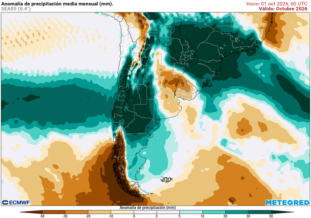 Pronóstico, Clima, Tiempo, Argentina Anomalía de precipitaciones para el mes de octubre según nuestro modelo de referencia el ECMWF