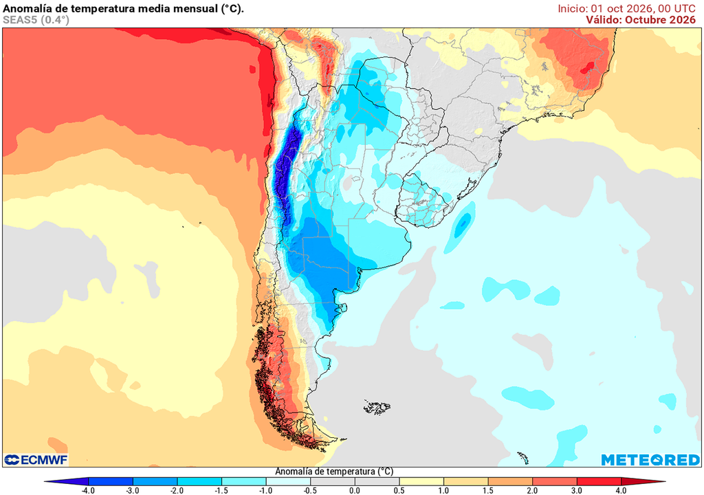 Pronóstico, Clima, Tiempo, Argentina Anomalía de temperatura prevista para el mes de octubre según el modelo ECMWF