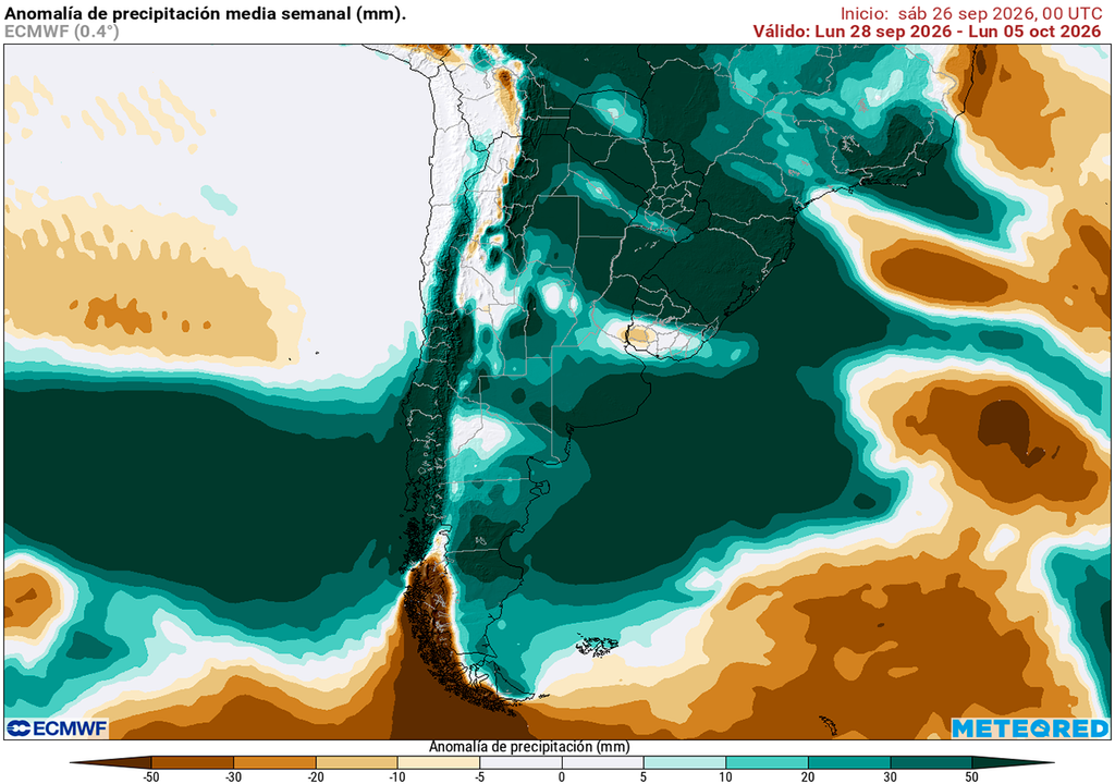 Pronóstico, Clima, Tiempo, Argentina Anomalía de precipitaciones entre el 28 de septiembre y el 5 de octubre según nuestro modelo de referencia el ECMWF