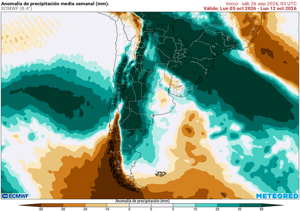 Pronóstico, Clima, Tiempo, Argentina Anomalía de precipitaciones entre el 5 de octubre y el 12 de octubre según nuestro modelo de referencia el ECMWF
