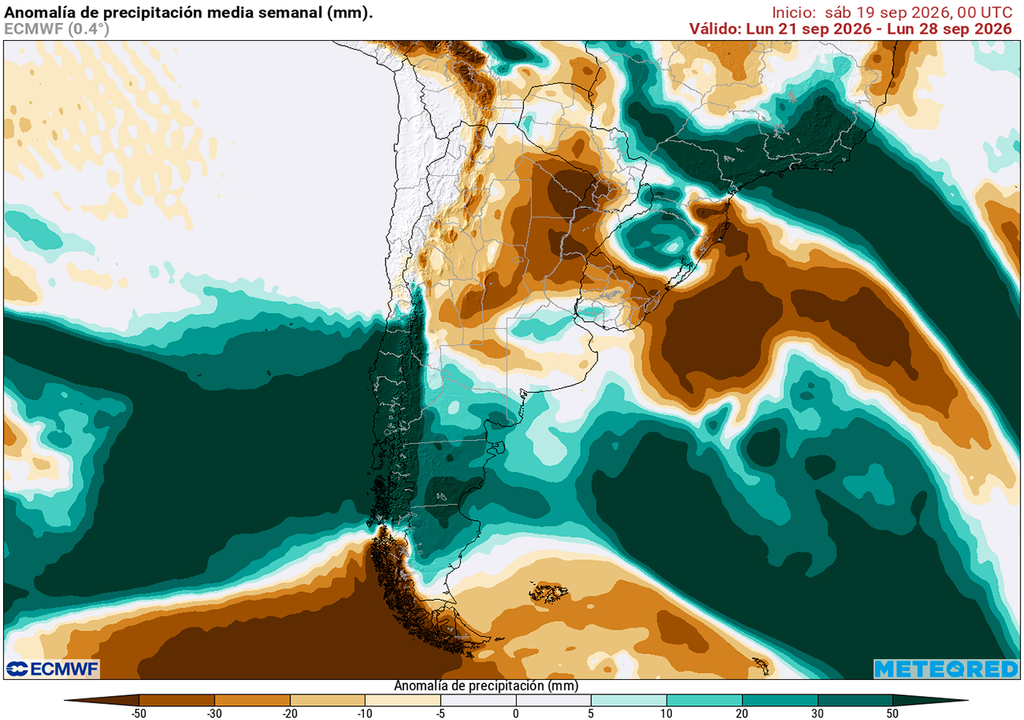 Pronóstico, Clima, Tiempo, Argentina, Primavera Anomalía de precipitaciones prevista para los próximos 7 días según el modelo ECMWF