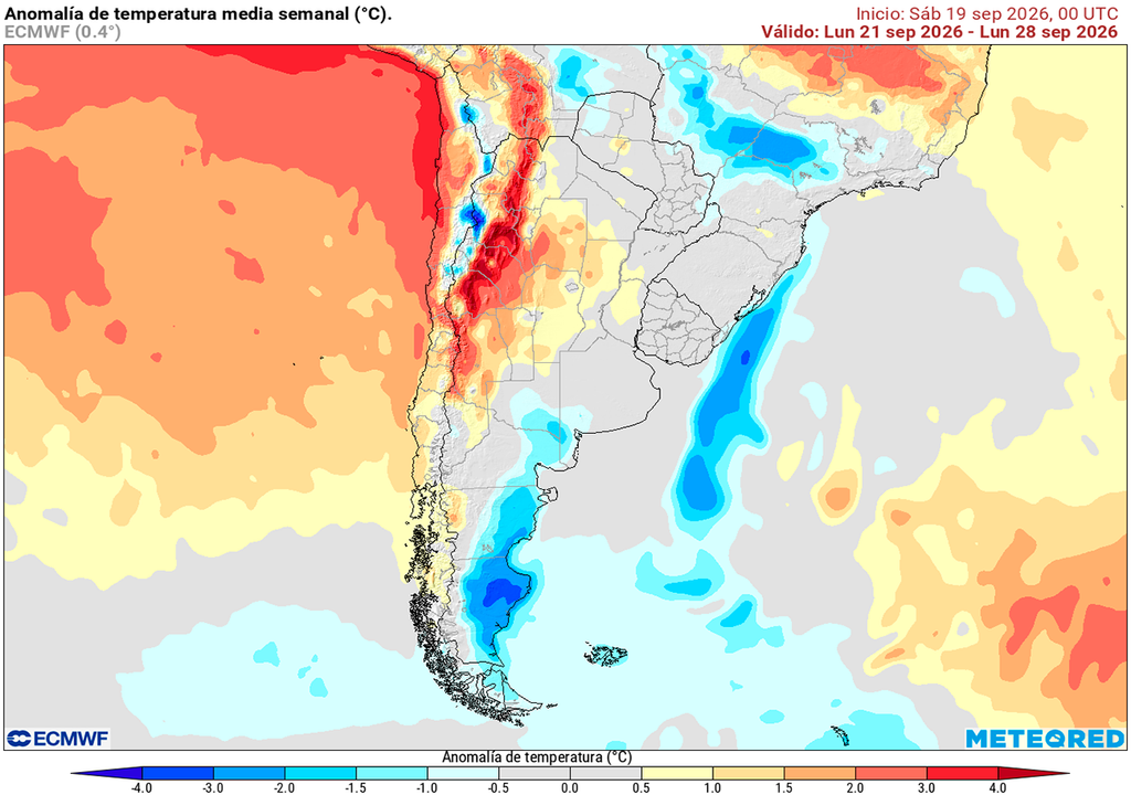 Pronóstico, Clima, Tiempo, Argentina, Primavera Anomalía de temperatura prevista para los próximos 7 días según el modelo ECMWF