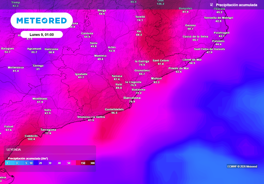 Acumulados previstos por el modelo europeo en el entorno de Barcelona en lo que queda de semana.
