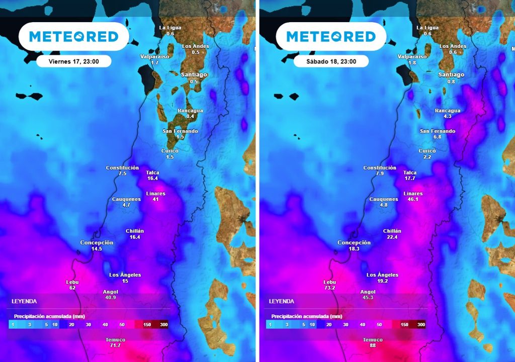 Las precipitaciones más intensas se ubican en el Biobío, pero el sábado se refuerzan también en áreas interiores del centro norte.