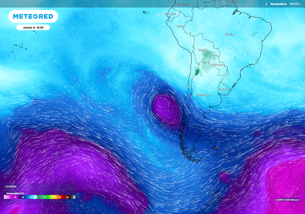 núcleo frío de altura El aire frío que dará vida al sistema frontal terminará separándose de la vaguada principal, dejando un nuevo núcleo frío sobre Chile hacia el próximo final de semana.