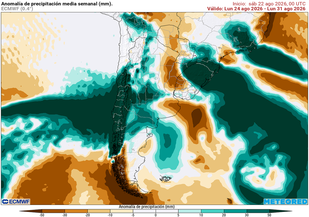 Pronóstico, Clima, Tiempo, Argentina Anomalía de precipitaciones prevista para los próximos 7 días según el modelo ECMWF