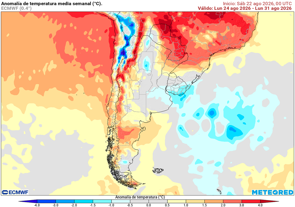 Pronóstico, Clima, Tiempo, Argentina Anomalía de temperatura prevista para los próximos 7 días según el modelo ECMWF