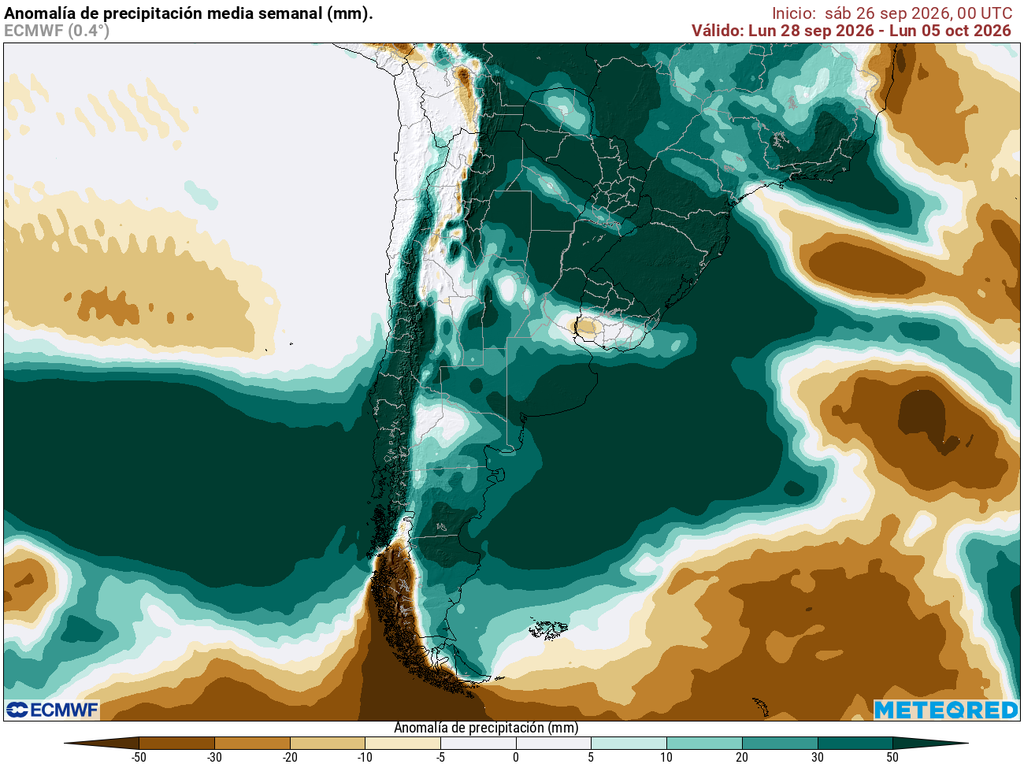 Pronóstico, Clima, Tiempo, Argentina Anomalía de precipitaciones prevista para los próximos 7 días según el modelo ECMWF