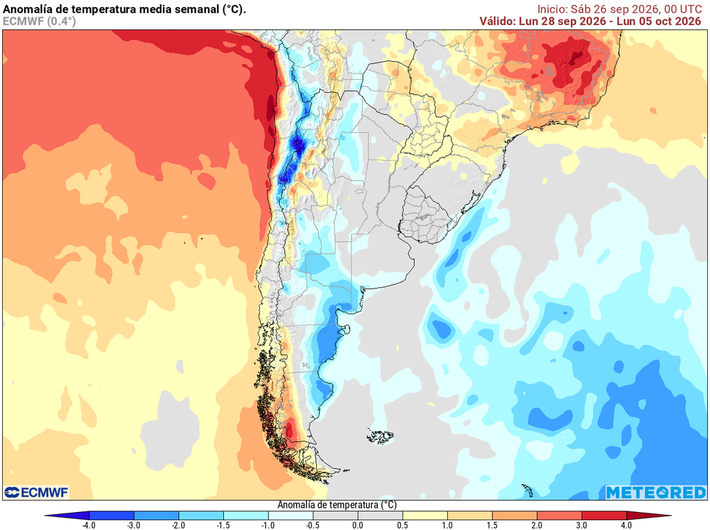 Pronóstico, Clima, Tiempo, Argentina Anomalía de temperatura prevista para los próximos 7 días según el modelo ECMWF