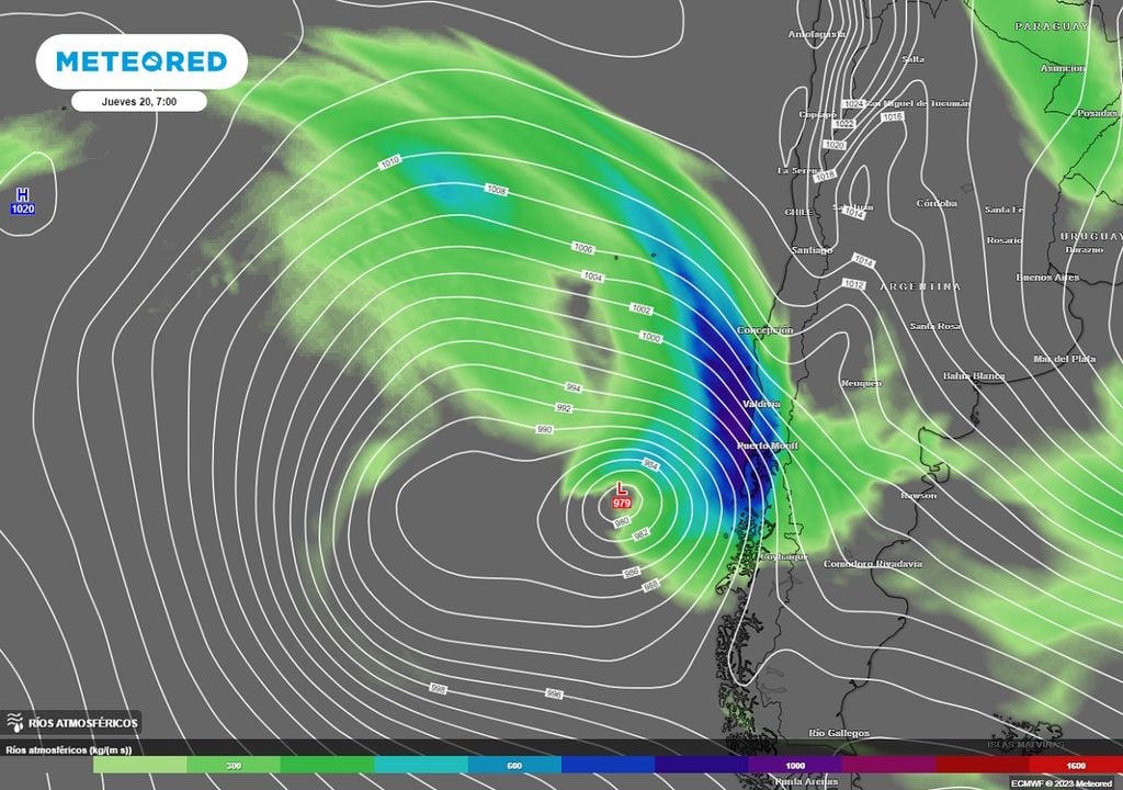 mapa previsto de presión y río atmosférico del ECMWF