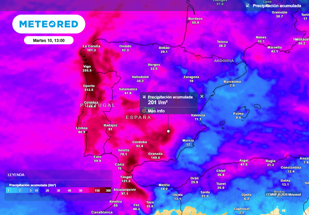 En algunas zonas de la vertiente atlántica se acumularán más de 200 l/m2 hasta comienzos de la semana que viene, según el modelo europeo.