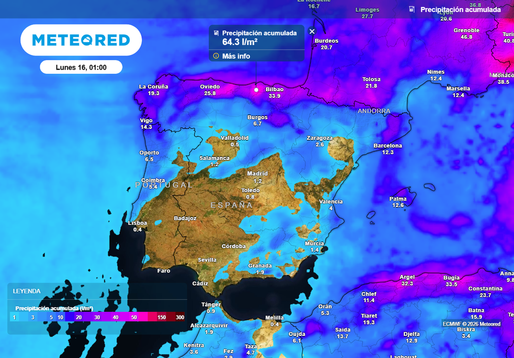 Los acumulados de precipitación más importantes se concentrarán en la vertiente cantábrica y en puntos de Cataluña y Baleares.