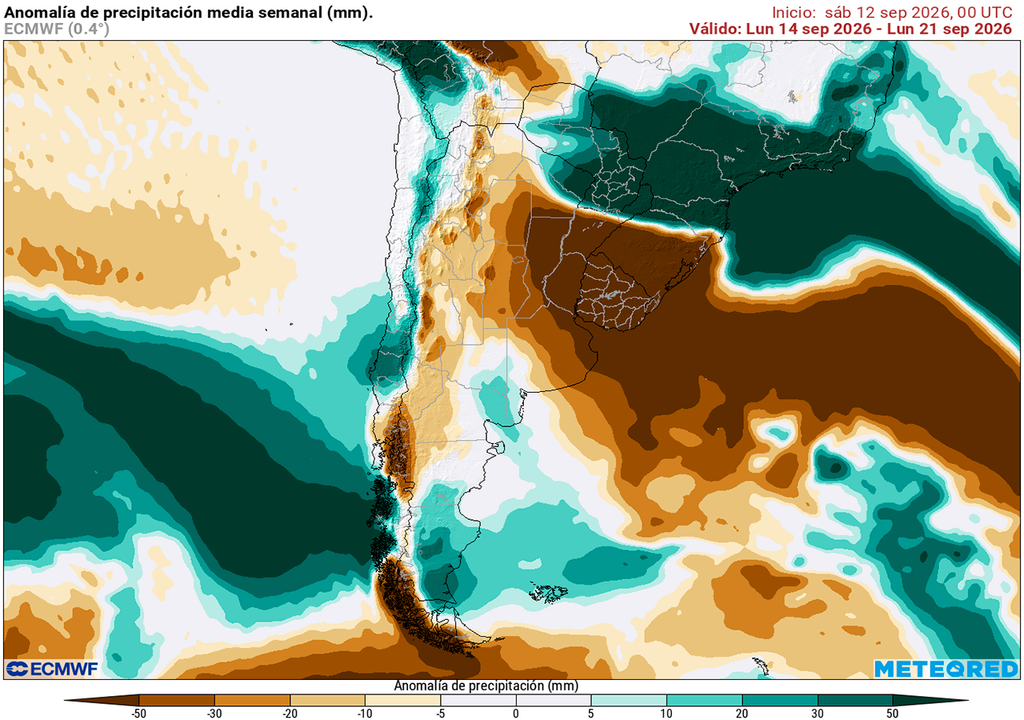 Pronóstico, Clima, Tiempo, Argentina Anomalía de precipitaciones prevista para los próximos 7 días según el modelo ECMWF