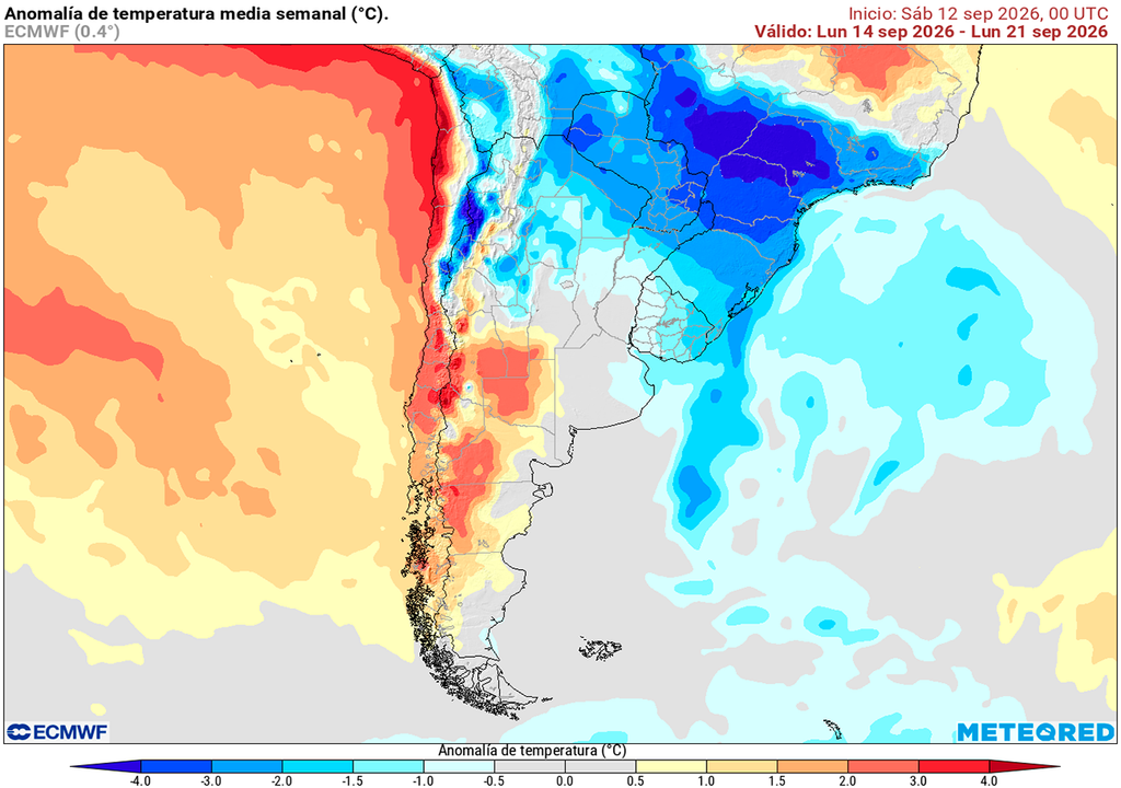 Pronóstico, Clima, Tiempo, Argentina Anomalía de temperatura prevista para los próximos 7 días según el modelo ECMWF