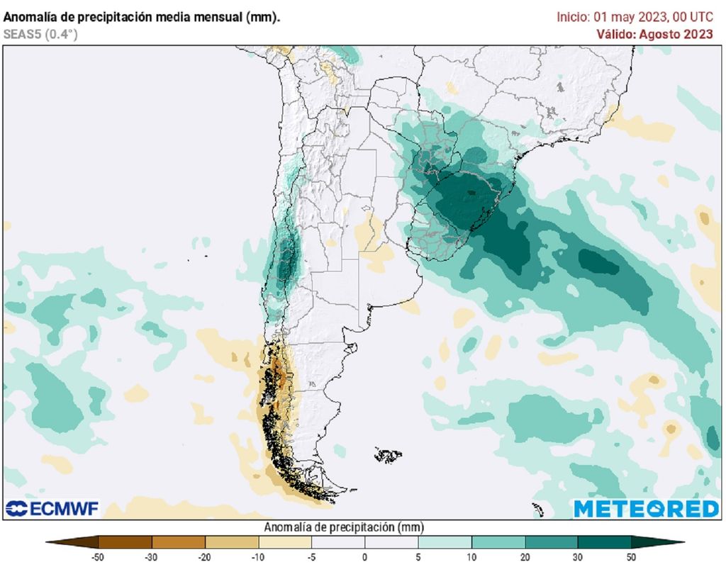Anomalía precipitación agosto 2023 Chile ECMWF Anomalía precipitación agosto 2023 Chile ECMWF