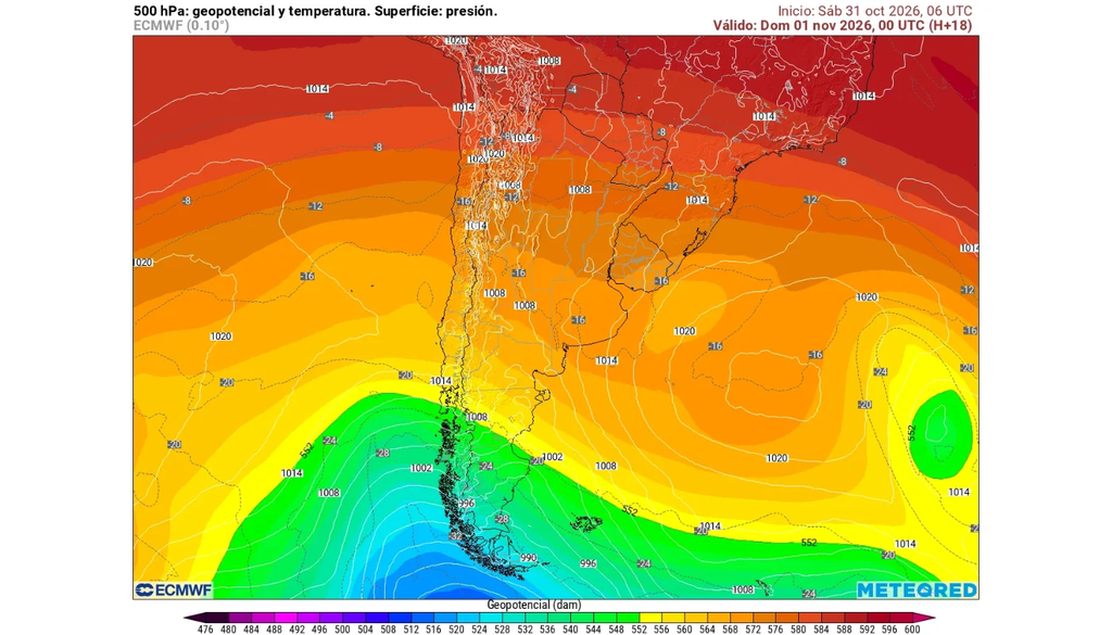 El modelo ECMWF muestra una vaguada en altura sobre Chile central y un sistema de bajas presiones en la Patagonia para el inicio de noviembre.