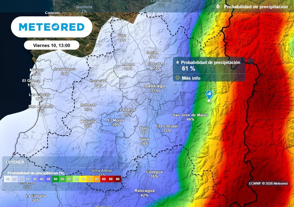 Probabilidad de precipitaciones Zonas de la cordillera y el surponiente metropolitano presentan las mayores posibilidades de lluvias el viernes.