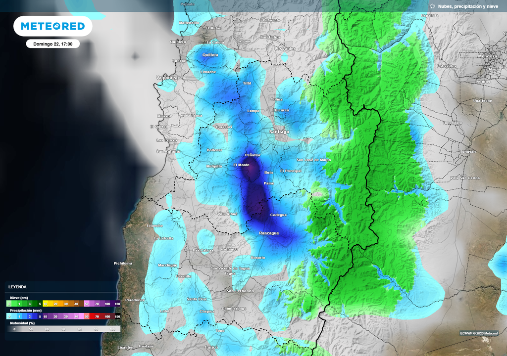 Proyección de precipitaciones para la tarde del domingo 22 de marzo muestra chubascos débiles a moderados concentrándose en sectores del sur de la Región Metropolitana y precordillera.