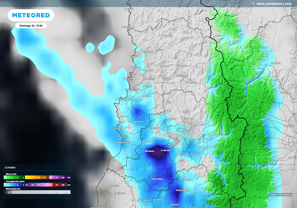 Lluvias débiles afectarían el sur de la Región de Valparaíso este domingo, según el modelo ECMWF.