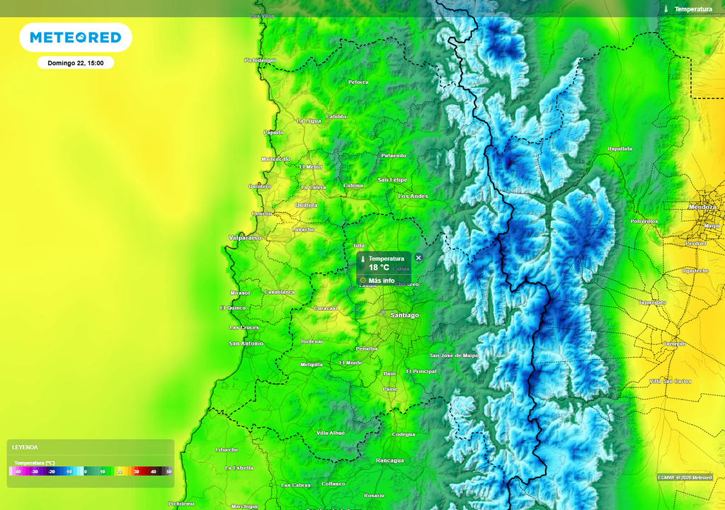 El mapa de temperatura proyectado para la tarde del domingo 22 de marzo muestra un claro descenso térmico en la zona central con temperaturas máximas por debajo de los 20 °C.