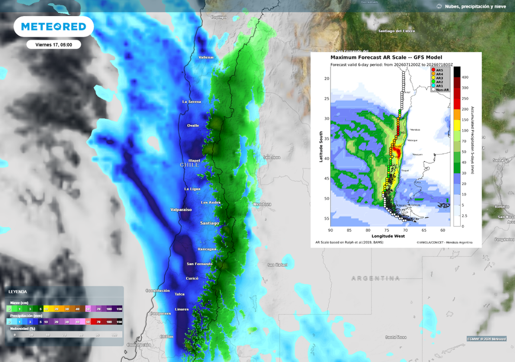 Se espera que entre jueves y viernes las precipitaciones sean intensas y el río atmosférico aumente la cantidad de agua a la zona.