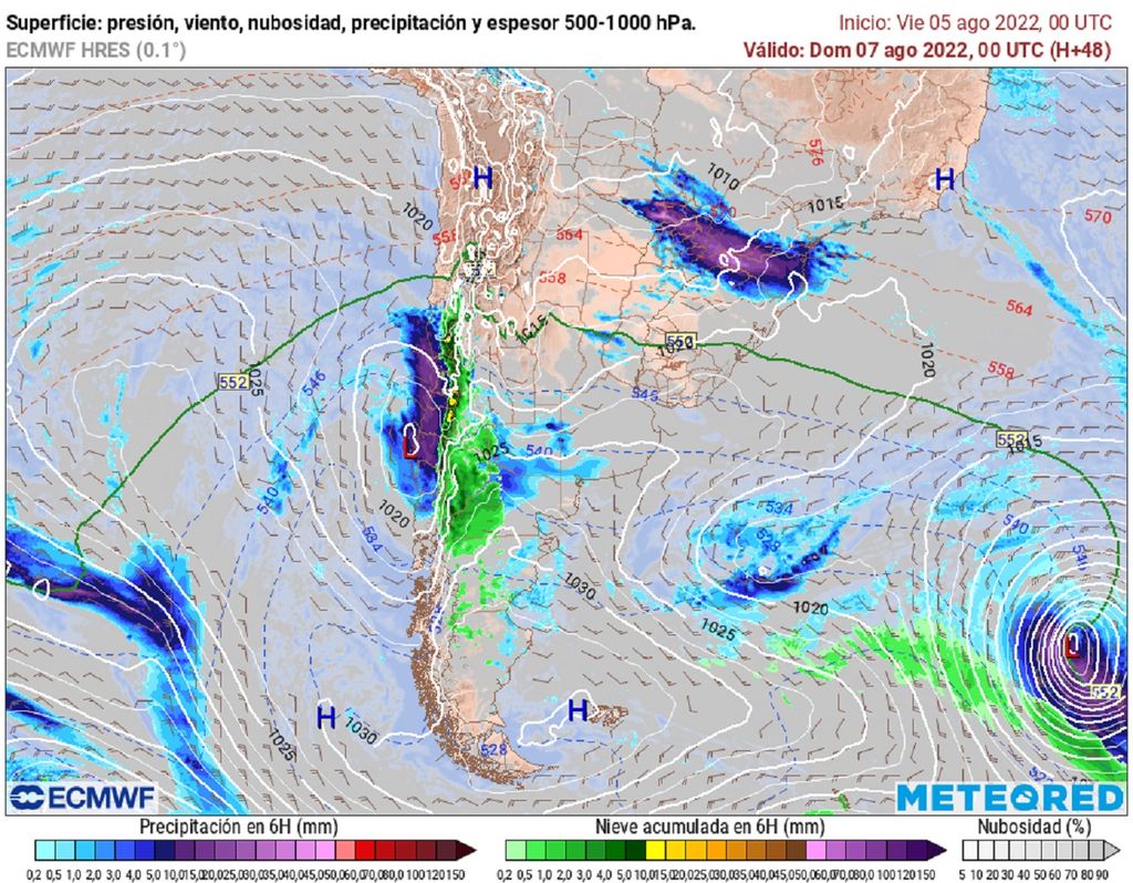 precipitación y presión previstas; modelo ECMWF precipitación y presión previstas; modelo ECMWF