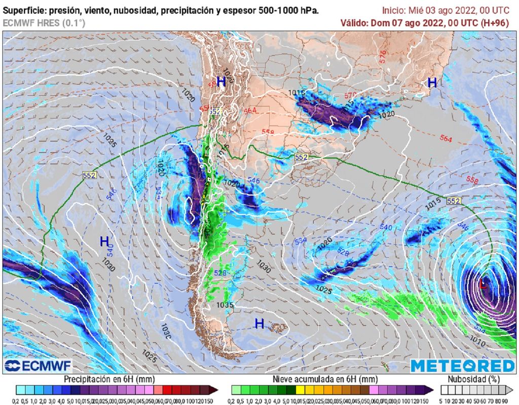 precipitación y presión previstas; modelo ECMWF precipitación y presión previstas; modelo ECMWF