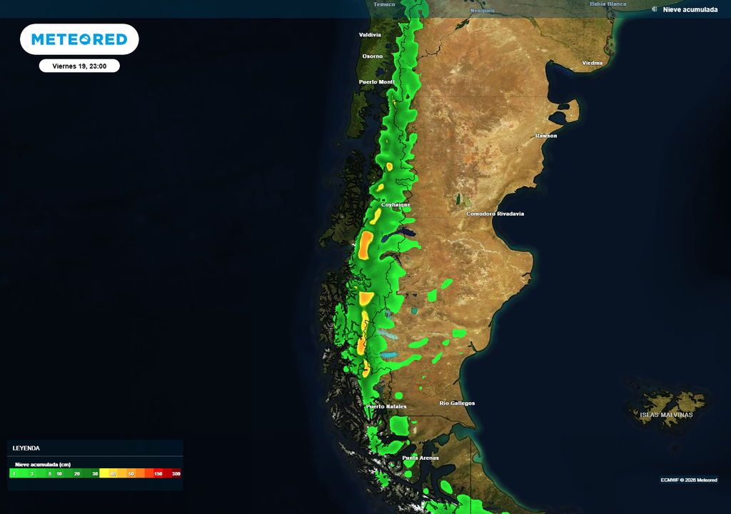 La nieve comenzará a aumentar su extensión en la noche del viernes (19). El sábado será una jornada con mucha nieve en la Patagonia.