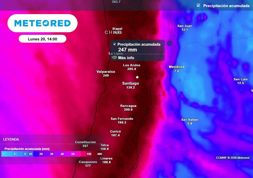 Precipitaciones acumuladas Entre el jueves y el lunes próximo zonas de la RM superarían los 200 milimetros de agua caída.