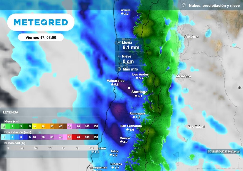 Lluvias y nieve Modelo europeo proyecta hasta 8 mm por hora en algunas zonas de la RM el próximo viernes.