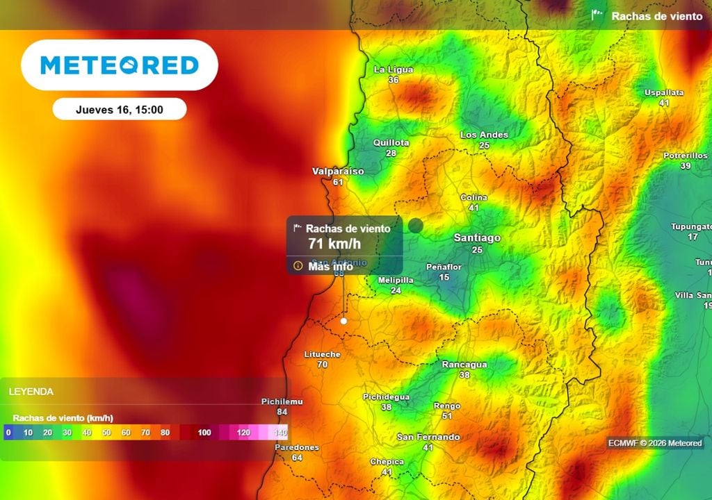 Rachas de viento Las rachas de viento superarían los 70 km/h en zonas de la RM, aunque lo mas intenso se espera hacia sectores costeros.