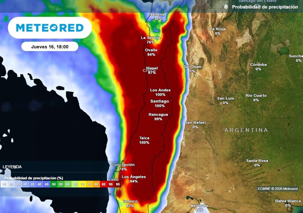 Probabilidad de precipitaciones Probabilidad de precipitaciones llegará al 100 % durante la tarde de este jueves en la capital chilena.