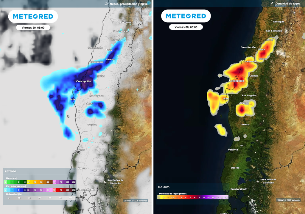 Una línea de inestabilidad cruzará desde noroeste a sureste por la zona centro sur de Chile, dejando chubascos intensos, tormentas eléctricas y posibilidad de granizos.