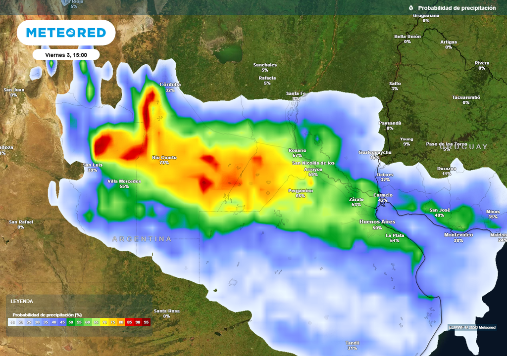 Probabilidad de precipitaciones durante el próximo viernes según mapas propios basados en nuestro modelo de confianza ECMWF