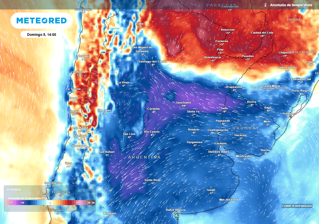Anomalía de temperatura prevista para el próximo domingo según el modelo ECMWF