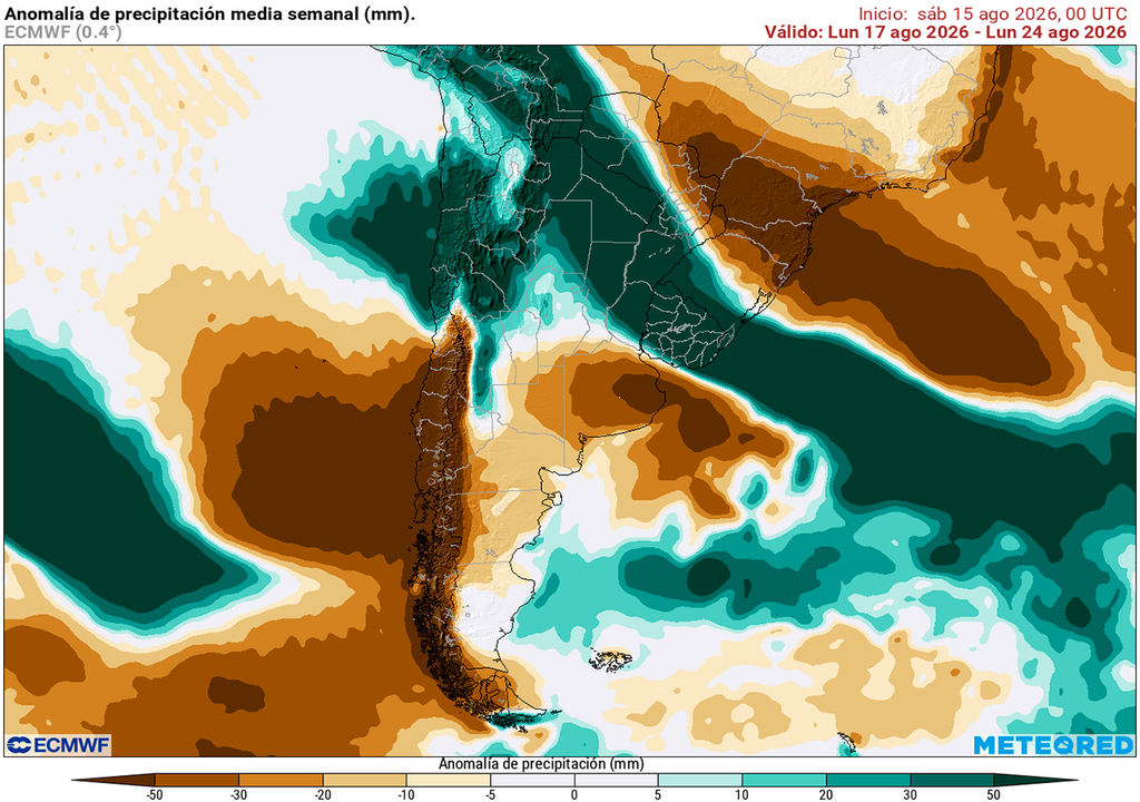 Anomalía de precipitaciones prevista para los próximos 7 días según el modelo ECMWF