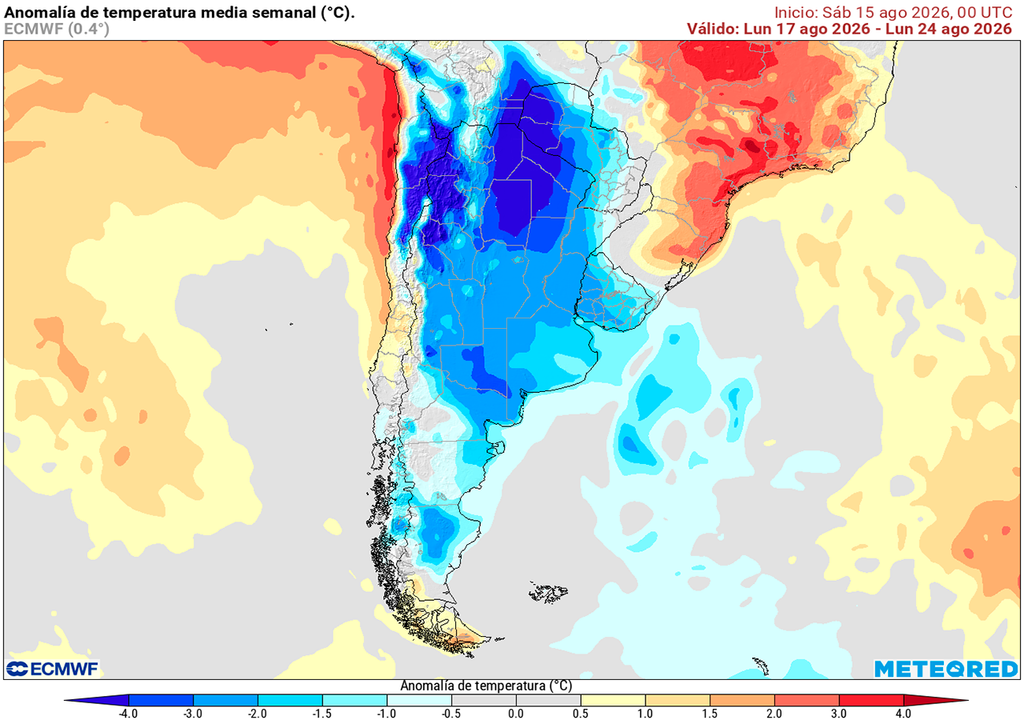 Anomalía de temperatura prevista para los próximos 7 días según el modelo ECMWF