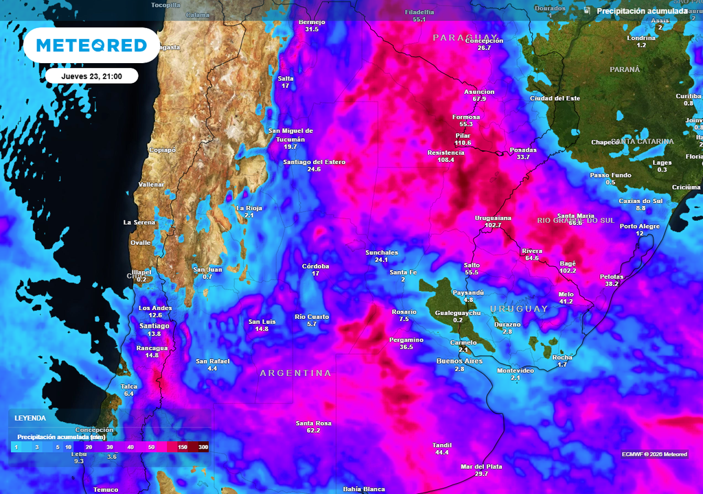 Acumulados de lluvia previstos hasta el próximo jueves según nuestro modelo de referencia ECMWF
