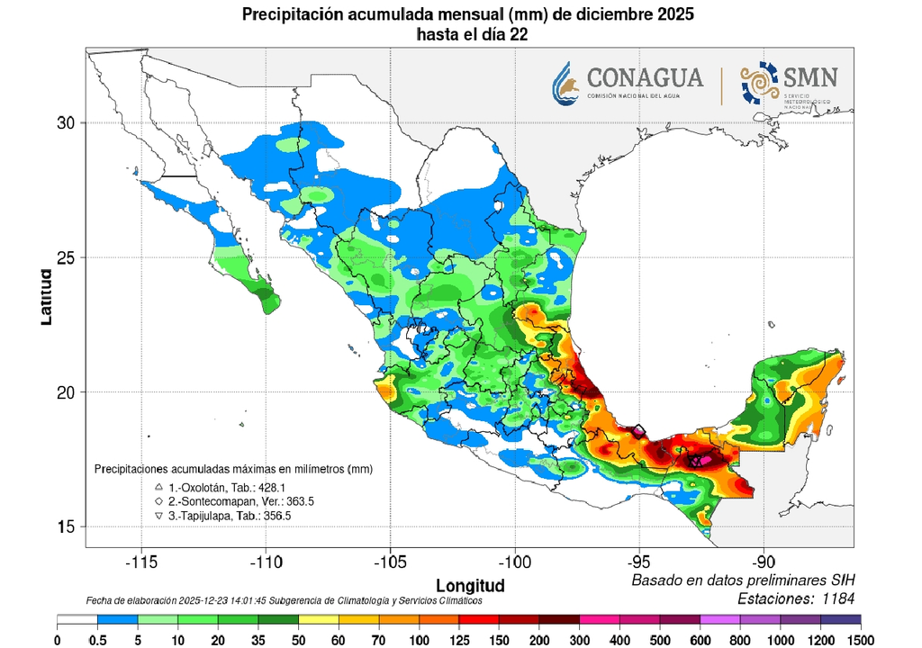 Acumulado de lluvias en diciembre, hasta el día 22. SMN-CONAGUA