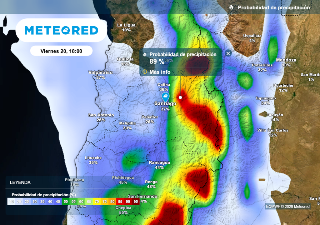 Este viernes (20) algunas zonas de la Región Metropolitana presentan un alto porcentaje de ocurrencia de precipitaciones según el ECMWF.